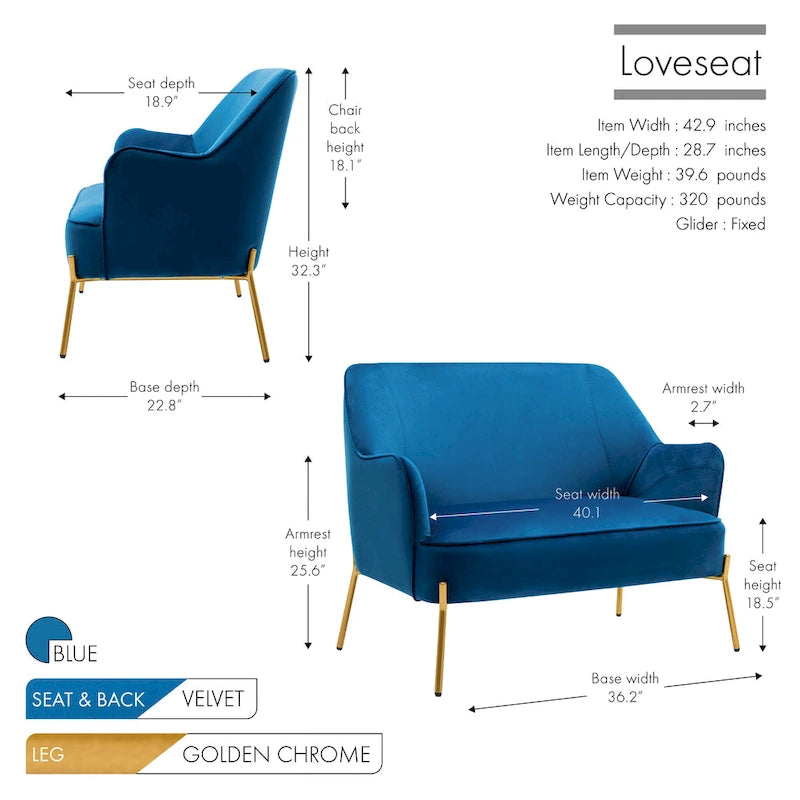 Velvet Loveseat Sofa with Gold Legs