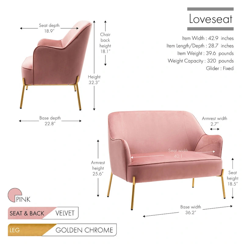 Velvet Loveseat Sofa with Gold Legs