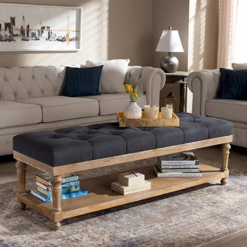 Modern Rustic Button Tufted Storage Bench - Charcoal