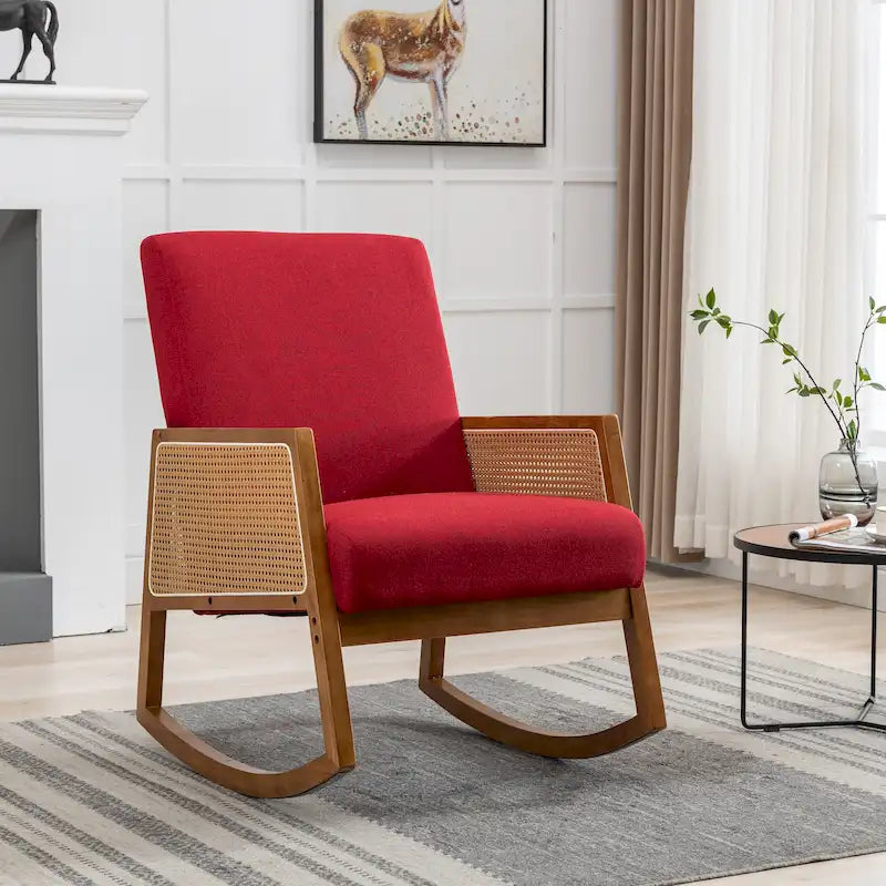 Modern PU Leather Rocking Chair with Rattan Arms