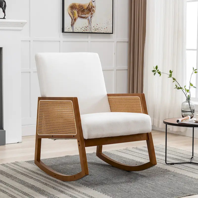 Modern PU Leather Rocking Chair with Rattan Arms