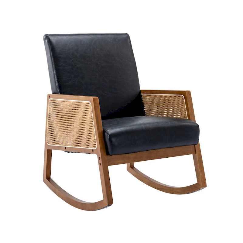 Modern PU Leather Rocking Chair with Rattan Arms