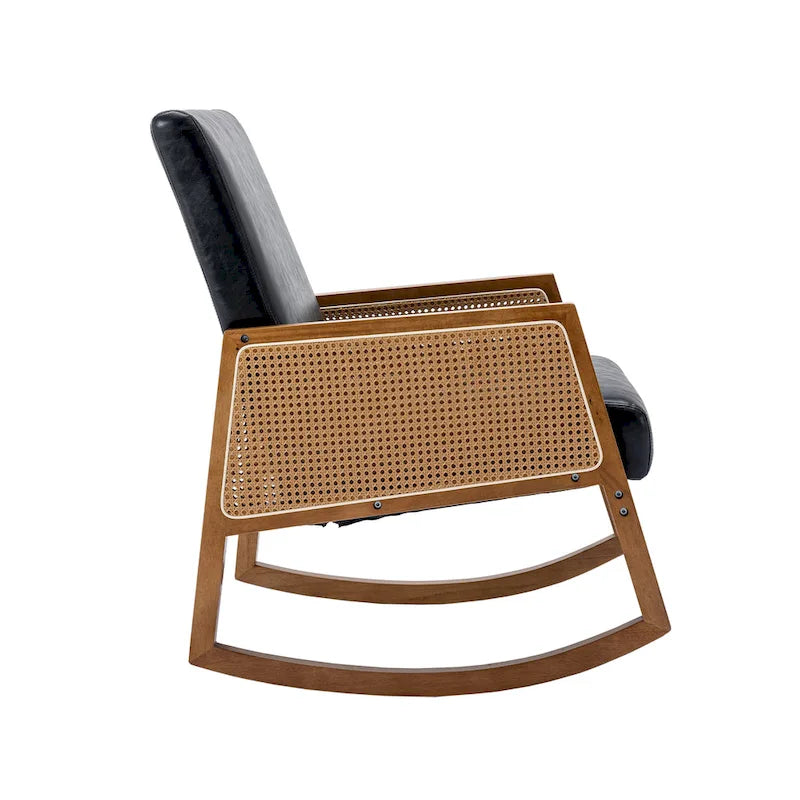 Modern PU Leather Rocking Chair with Rattan Arms