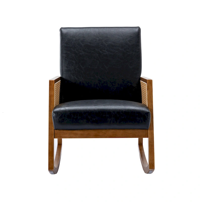 Modern PU Leather Rocking Chair with Rattan Arms