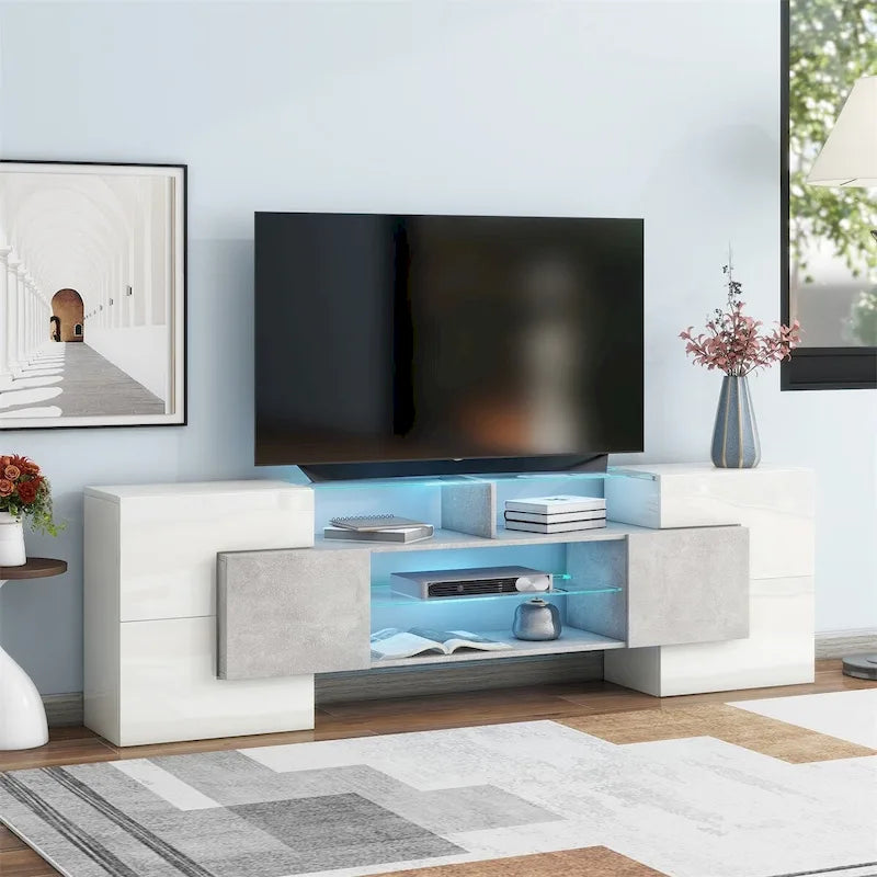 TV Stand with 2 Illuminated Glass Shelves, High Gloss Entertainment Center for TVs Up to 80"