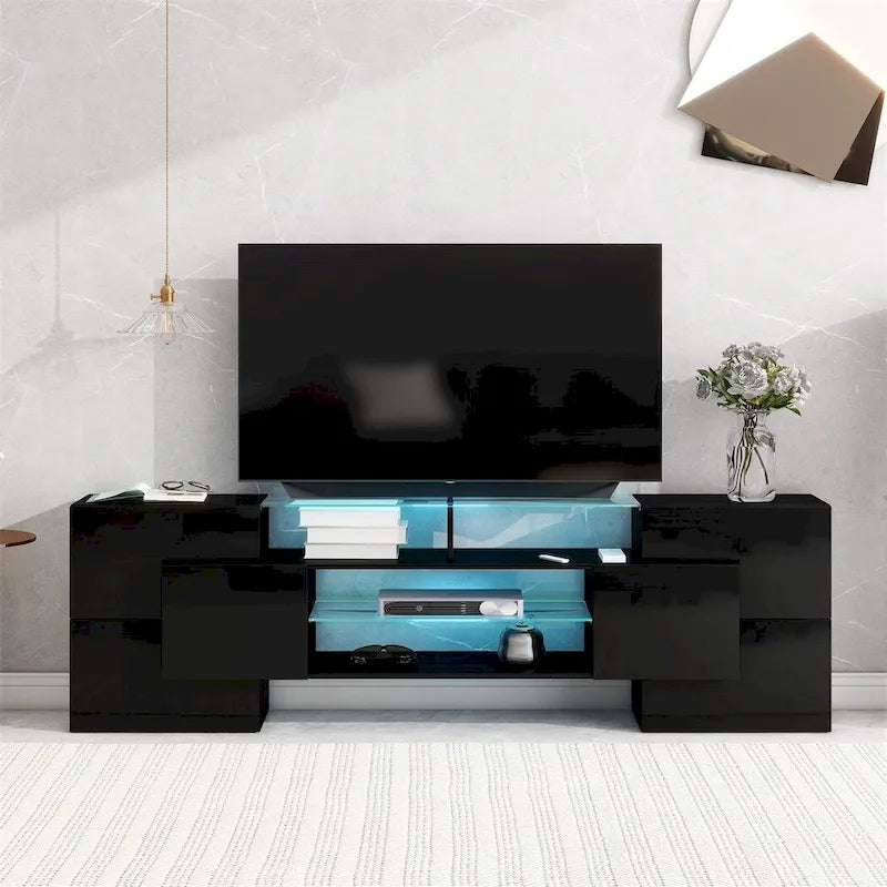 TV Stand with 2 Illuminated Glass Shelves, High Gloss Entertainment Center for TVs Up to 80"