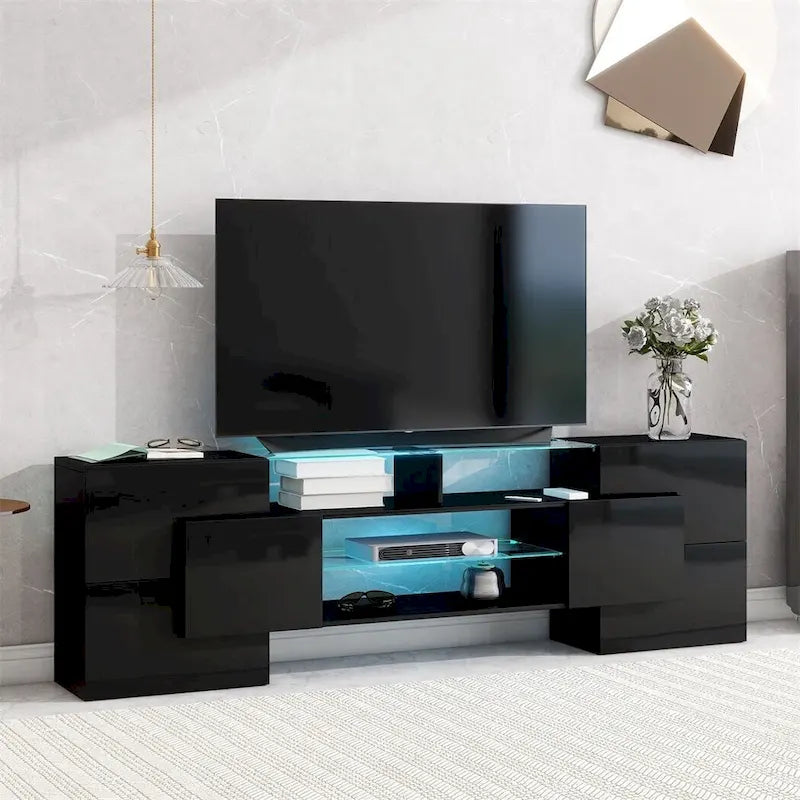 TV Stand with 2 Illuminated Glass Shelves, High Gloss Entertainment Center for TVs Up to 80"