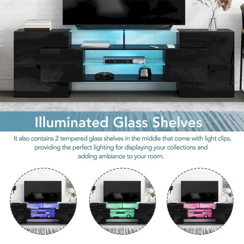 TV Stand with 2 Illuminated Glass Shelves, High Gloss Entertainment Center for TVs Up to 80"