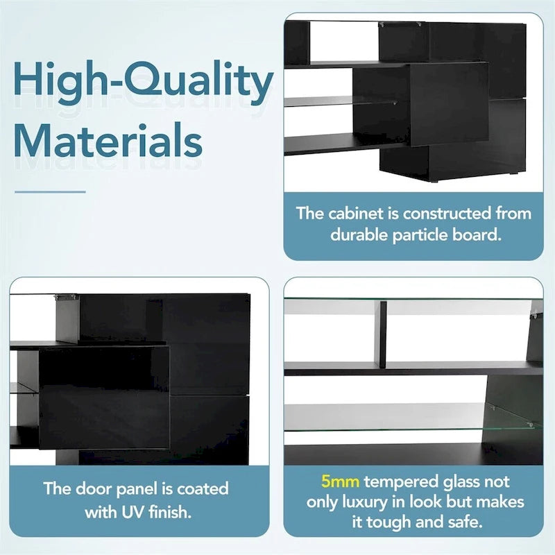 TV Stand with 2 Illuminated Glass Shelves, High Gloss Entertainment Center for TVs Up to 80"