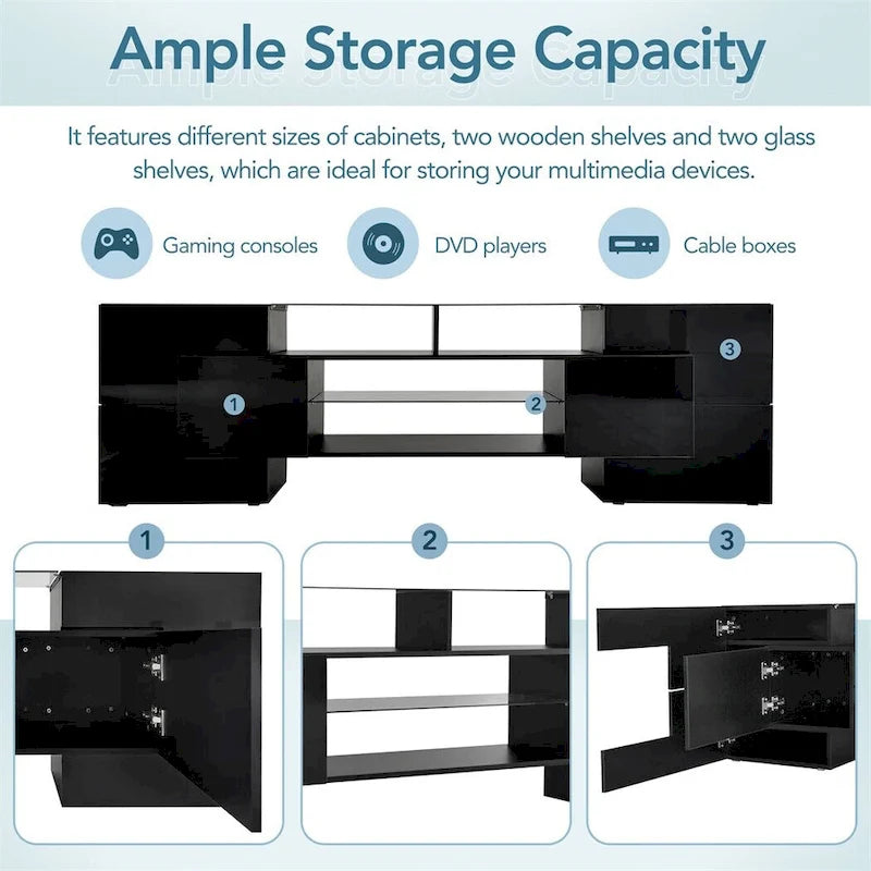 TV Stand with 2 Illuminated Glass Shelves, High Gloss Entertainment Center for TVs Up to 80"