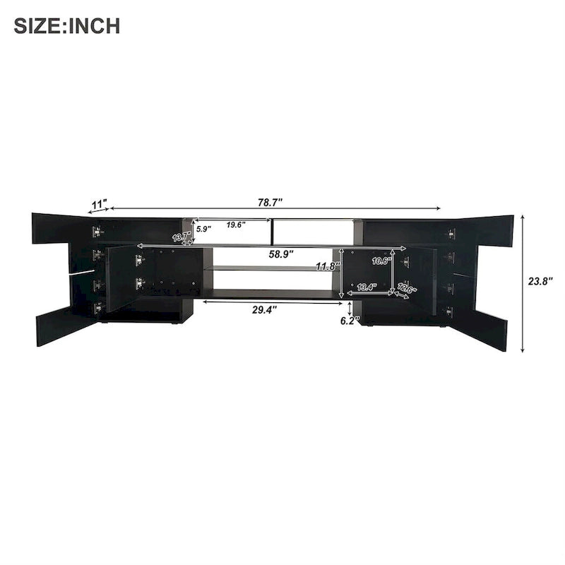 TV Stand with 2 Illuminated Glass Shelves, High Gloss Entertainment Center for TVs Up to 80"