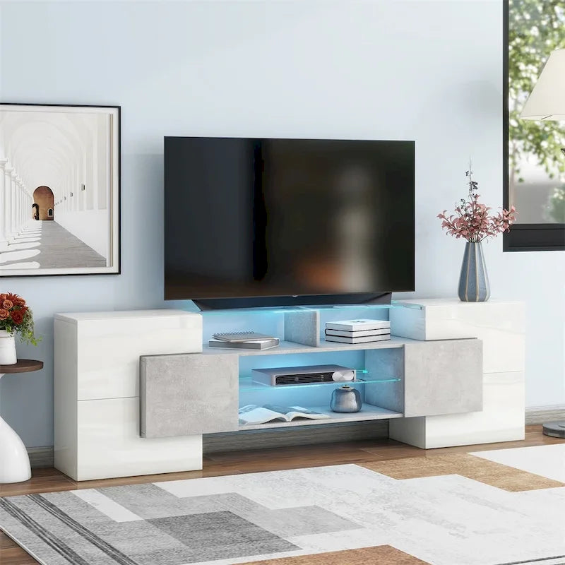 TV Stand with 2 Illuminated Glass Shelves, High Gloss Entertainment Center for TVs Up to 80"