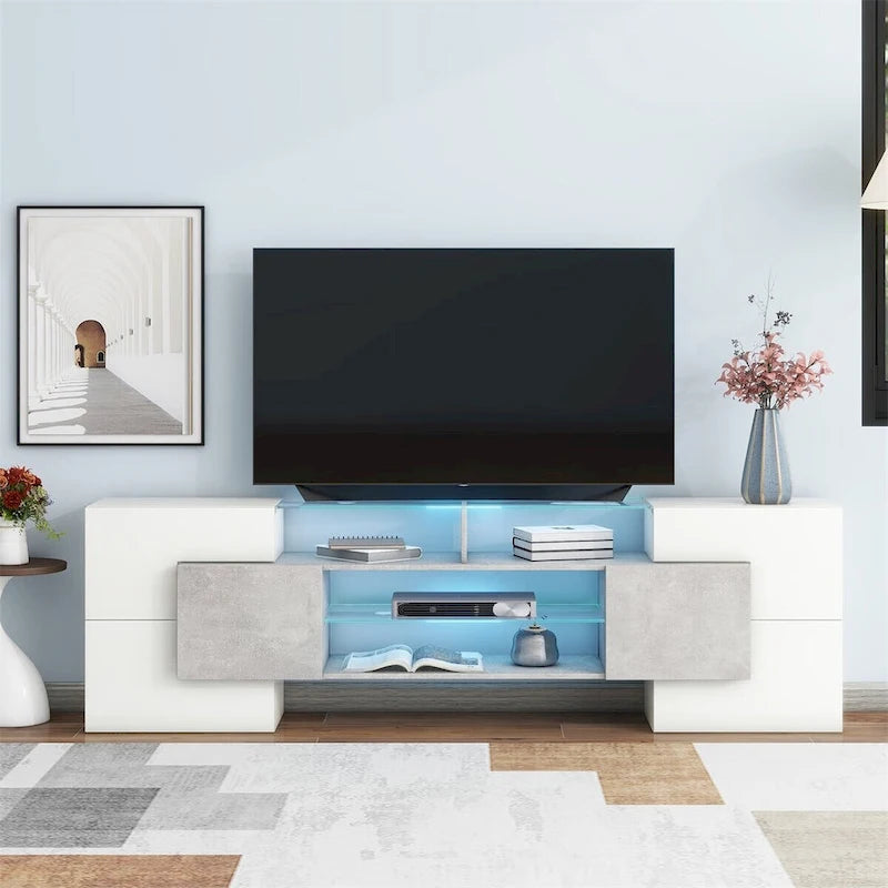 TV Stand with 2 Illuminated Glass Shelves, High Gloss Entertainment Center for TVs Up to 80"