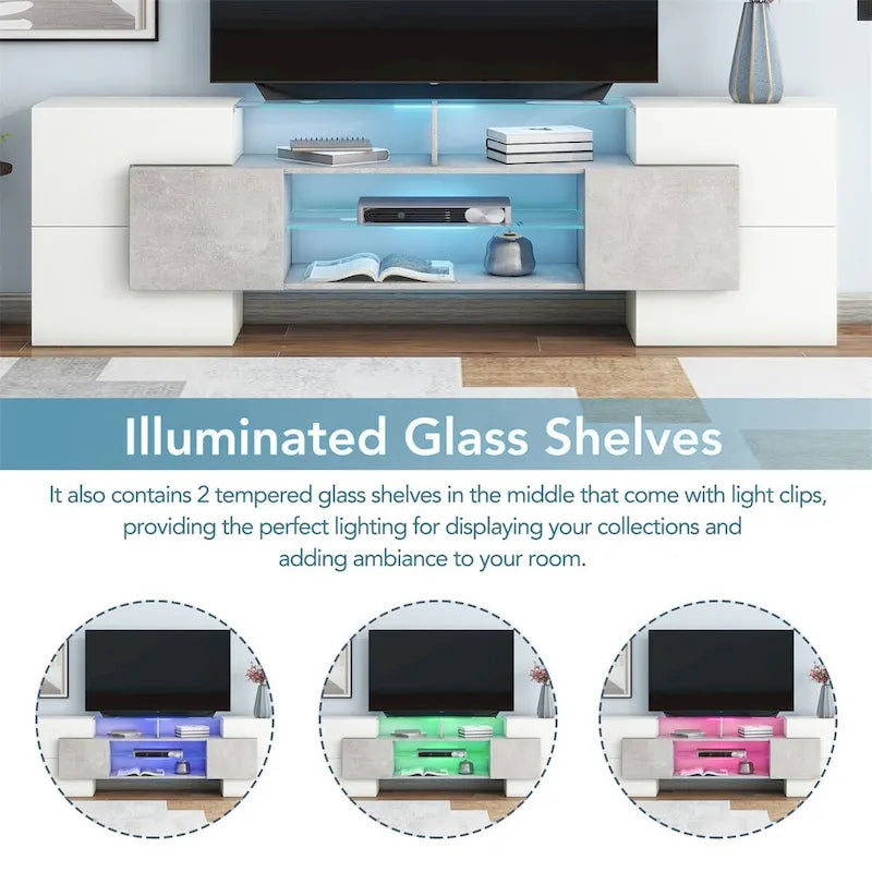 TV Stand with 2 Illuminated Glass Shelves, High Gloss Entertainment Center for TVs Up to 80"