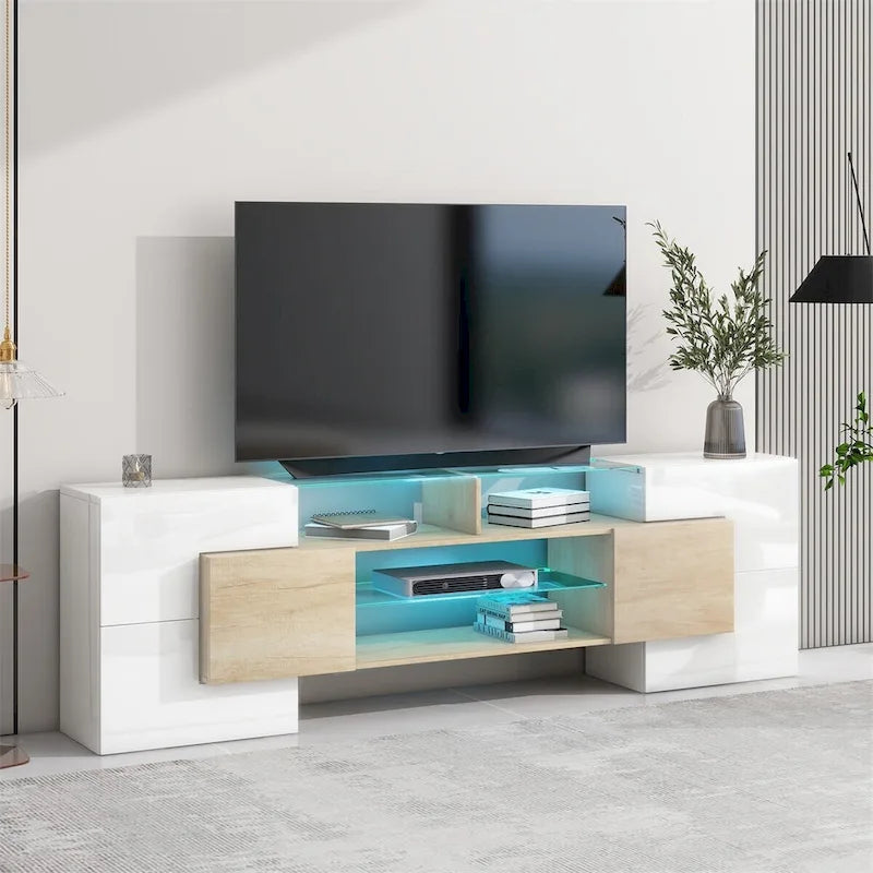 TV Stand with 2 Illuminated Glass Shelves, High Gloss Entertainment Center for TVs Up to 80"