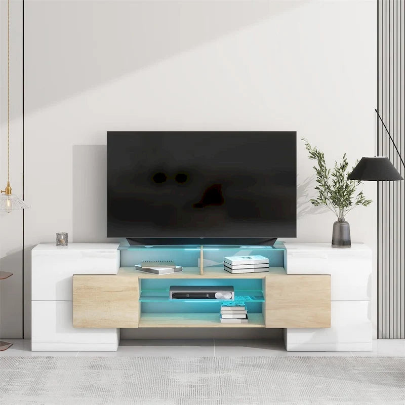 TV Stand with 2 Illuminated Glass Shelves, High Gloss Entertainment Center for TVs Up to 80"