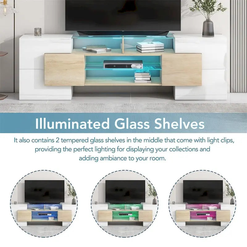 TV Stand with 2 Illuminated Glass Shelves, High Gloss Entertainment Center for TVs Up to 80"