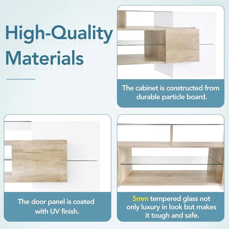 TV Stand with 2 Illuminated Glass Shelves, High Gloss Entertainment Center for TVs Up to 80"