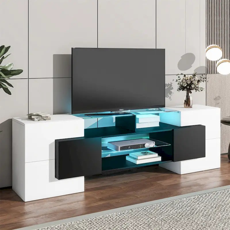 TV Stand with 2 Illuminated Glass Shelves, High Gloss Entertainment Center for TVs Up to 80"