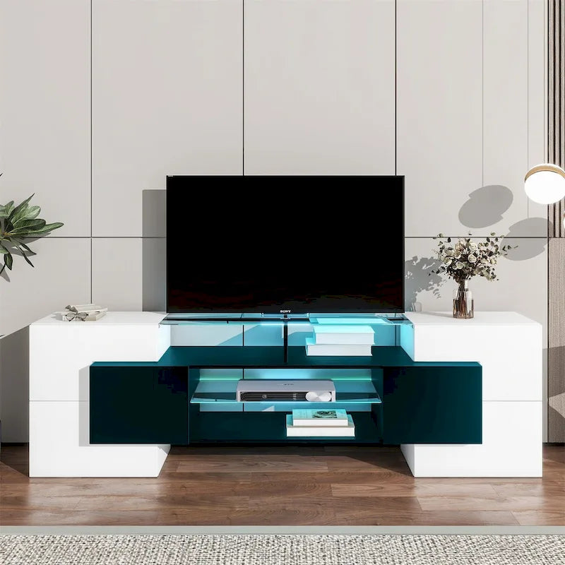 TV Stand with 2 Illuminated Glass Shelves, High Gloss Entertainment Center for TVs Up to 80"