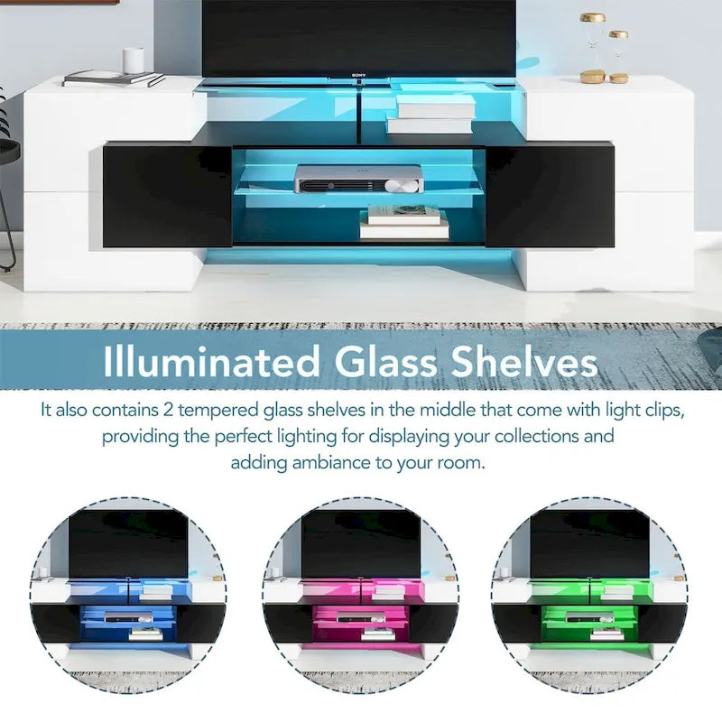 TV Stand with 2 Illuminated Glass Shelves, High Gloss Entertainment Center for TVs Up to 80"