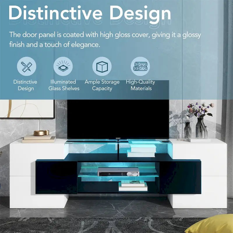 TV Stand with 2 Illuminated Glass Shelves, High Gloss Entertainment Center for TVs Up to 80"