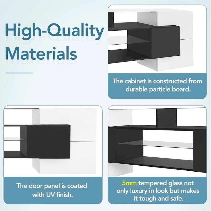 TV Stand with 2 Illuminated Glass Shelves, High Gloss Entertainment Center for TVs Up to 80"