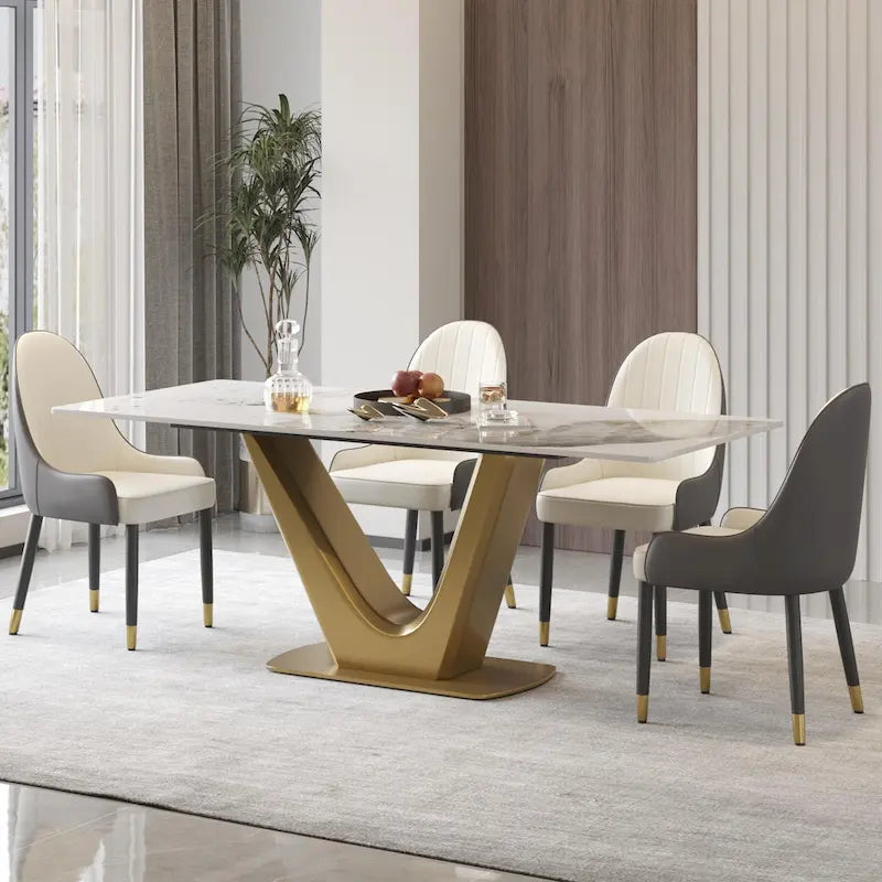 V Shape Pedestal Modern Marble Dining Table Slate Kitchen Table