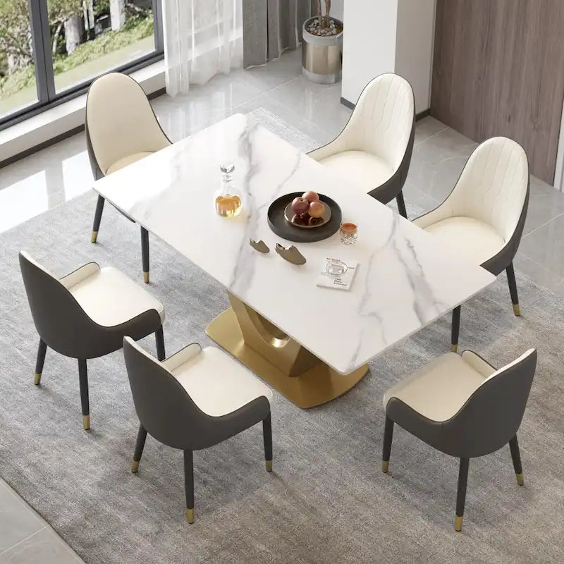 V Shape Pedestal Modern Marble Dining Table Slate Kitchen Table