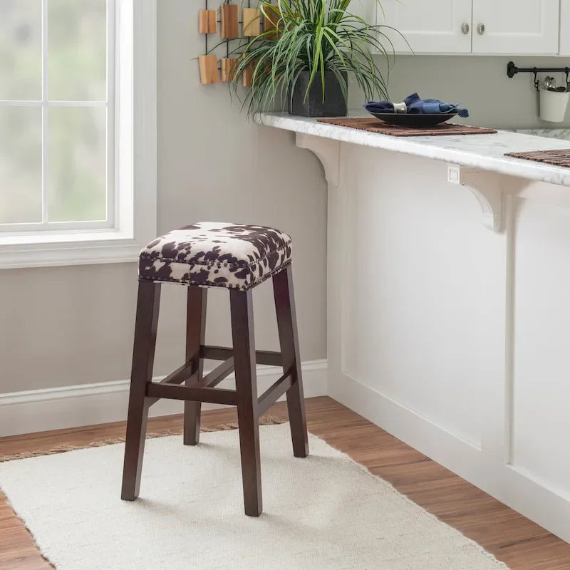 Brown Cow Print Bar Stool - Walnut Rubberwood Base
