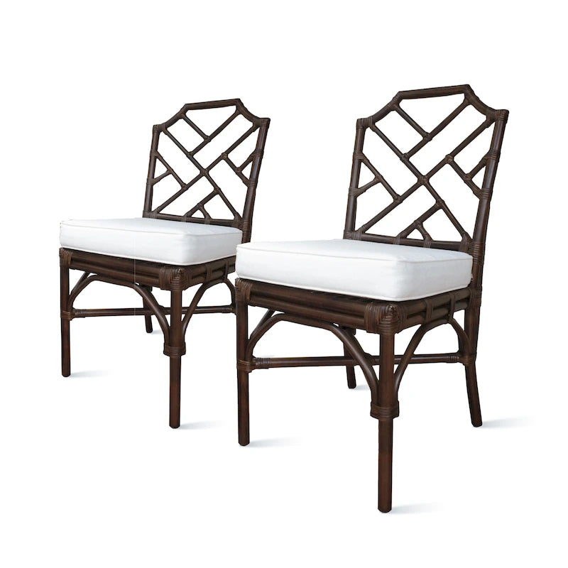 Rattan Dining Side Chair Chinese Chippendale Style - Set of 2