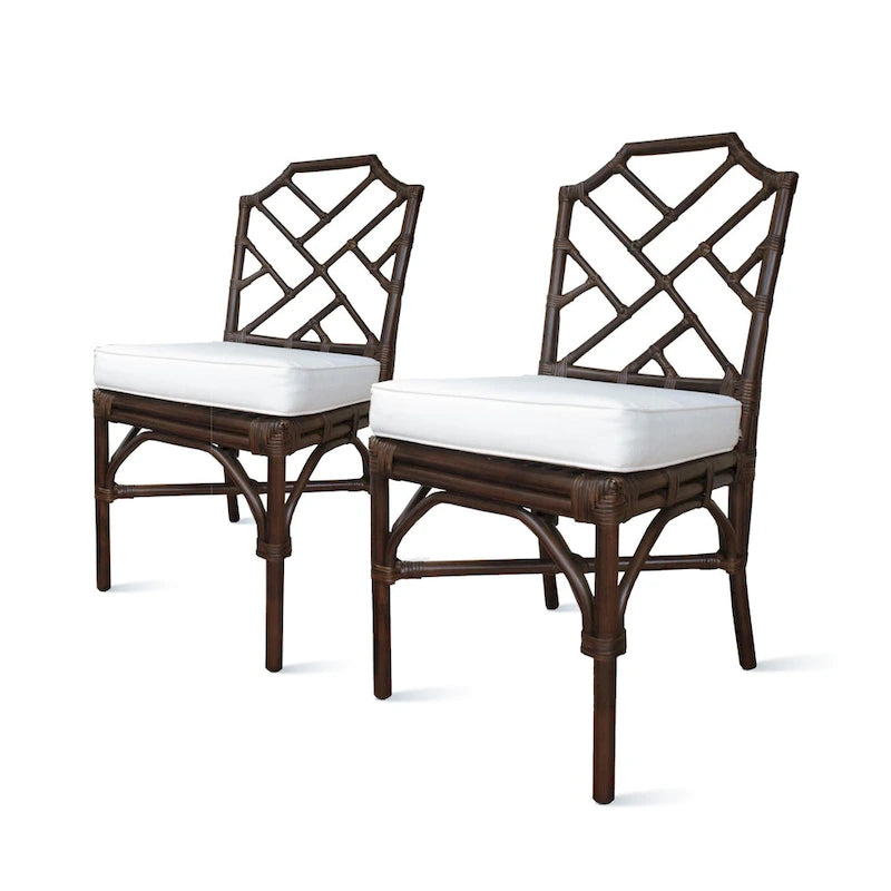 Rattan Dining Side Chair Chinese Chippendale Style - Set of 2