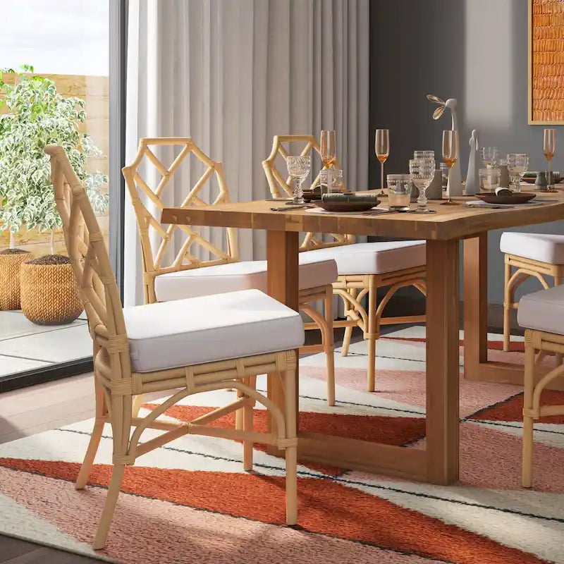 Rattan Dining Side Chair Chinese Chippendale Style - Set of 2