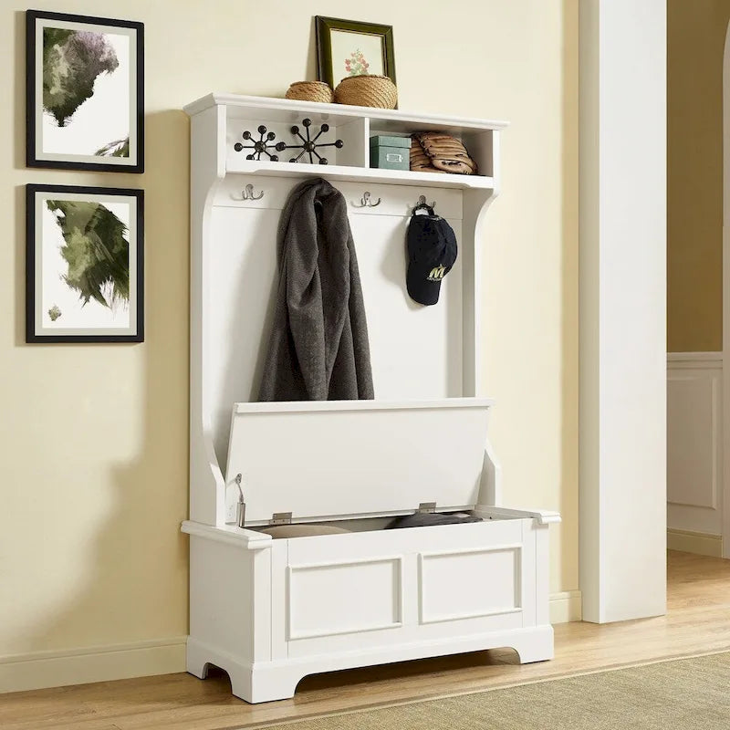 Classic White Wooden Hall Tree with Hooks and Storage