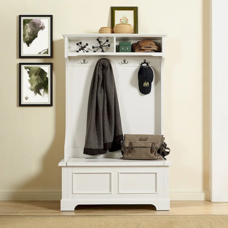 Classic White Wooden Hall Tree with Hooks and Storage