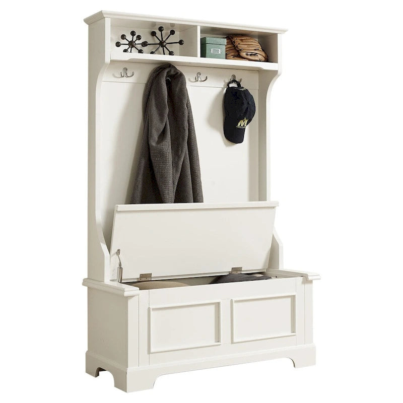 Classic White Wooden Hall Tree with Hooks and Storage