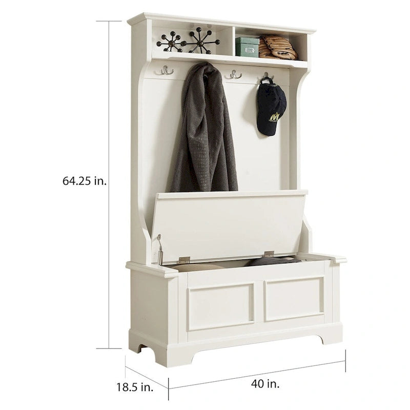 Classic White Wooden Hall Tree with Hooks and Storage
