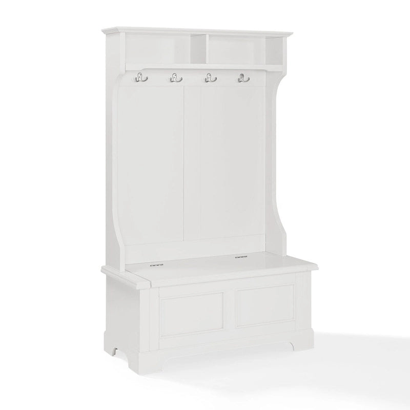 Classic White Wooden Hall Tree with Hooks and Storage