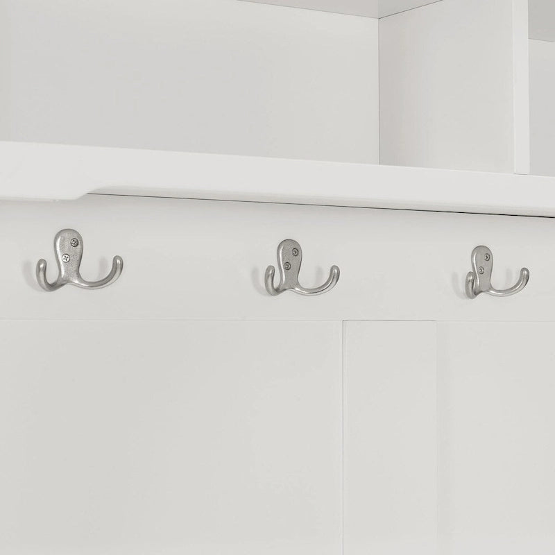 Classic White Wooden Hall Tree with Hooks and Storage