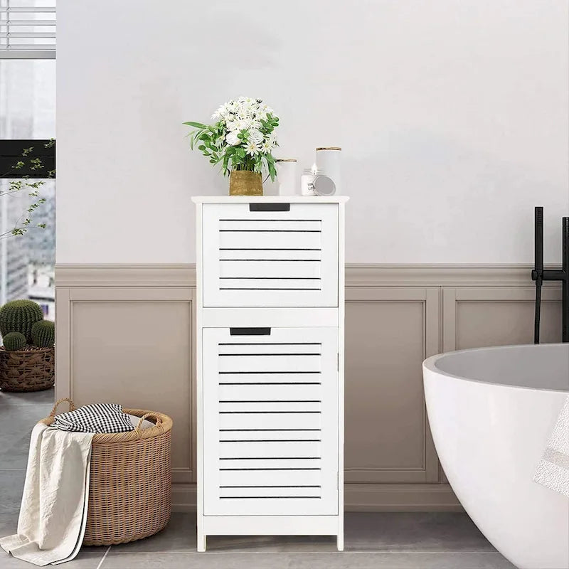 Miami White Bathroom Linen Storage Cabinet Vented Door and Drawer - 14.7L x 11.13W x 32.12H