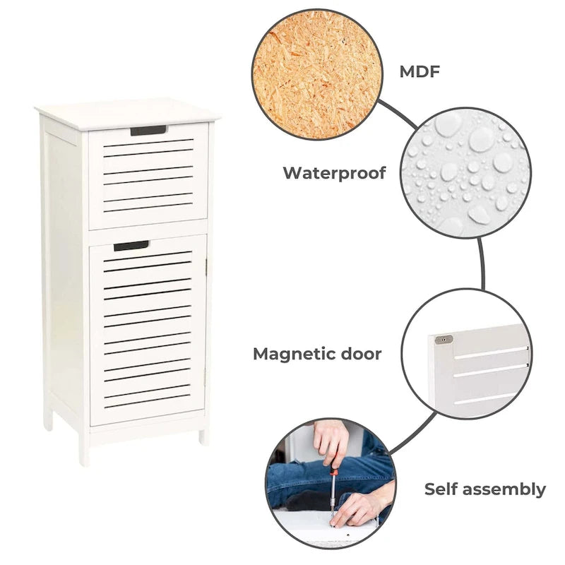White Bathroom Linen Storage Cabinet with Vented Door and Drawer - 14.7L x 11.13W x 32.12H