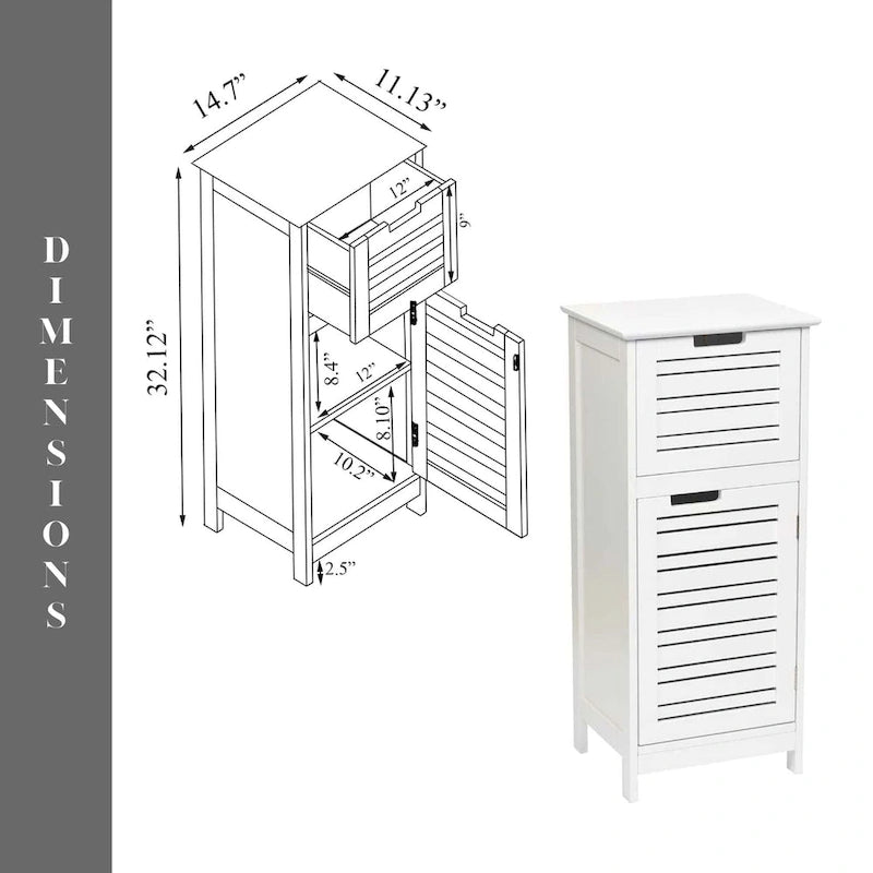 White Bathroom Linen Storage Cabinet with Vented Door and Drawer - 14.7L x 11.13W x 32.12H