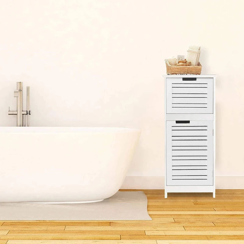 White Bathroom Linen Storage Cabinet with Vented Door and Drawer - 14.7L x 11.13W x 32.12H