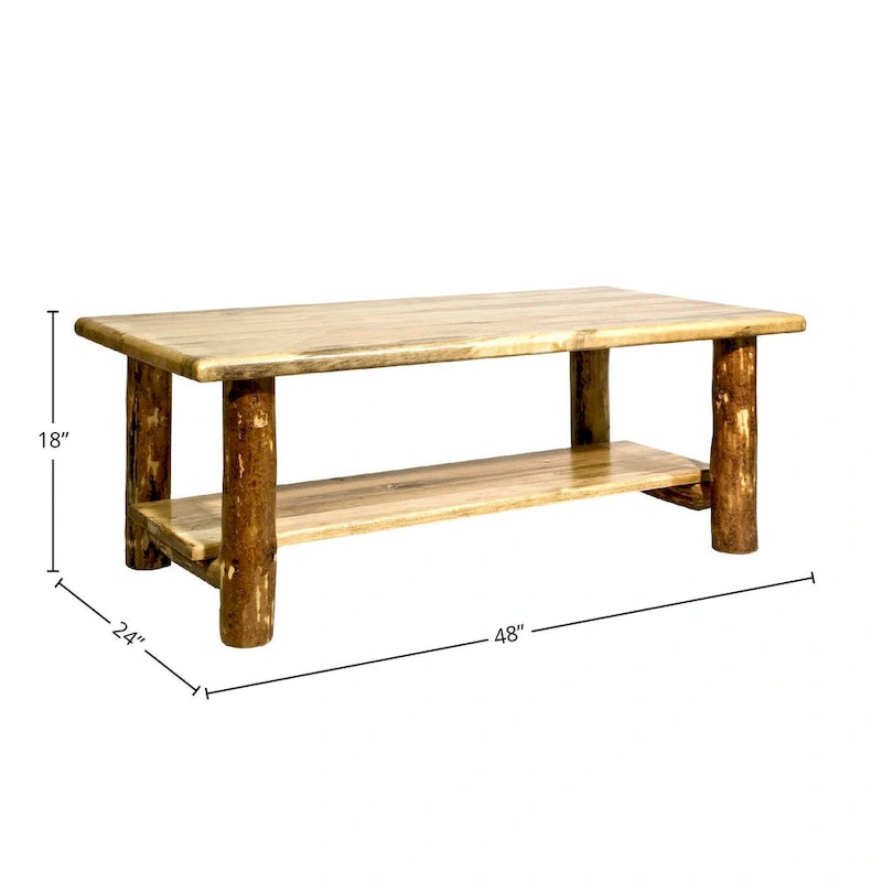 Rustic Lodge Pole Pine Coffee Table with Shelf - Stained & Lacquered