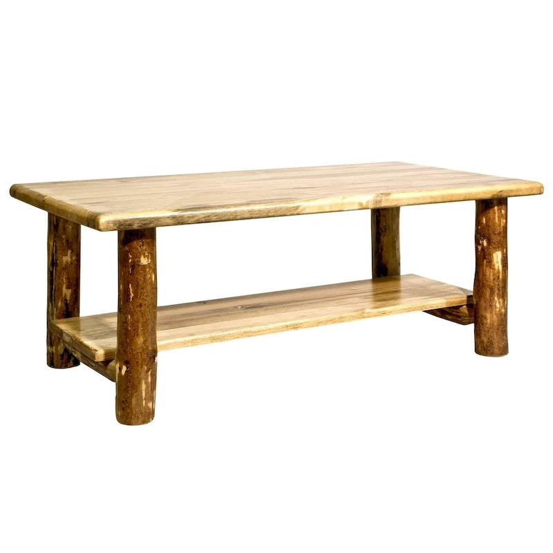 Rustic Lodge Pole Pine Coffee Table with Shelf - Stained & Lacquered