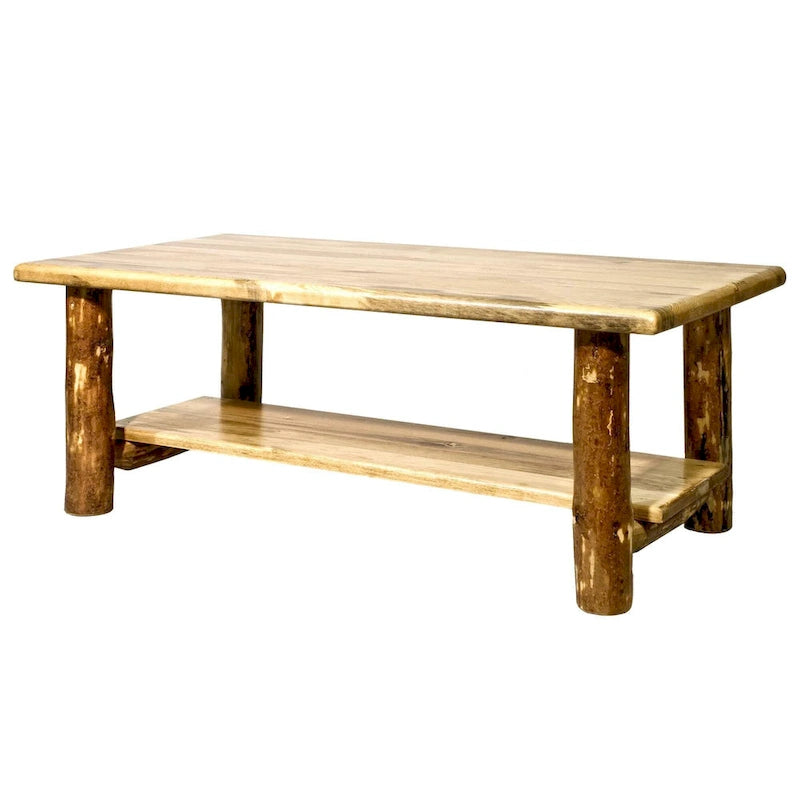 Rustic Lodge Pole Pine Coffee Table with Shelf - Stained & Lacquered