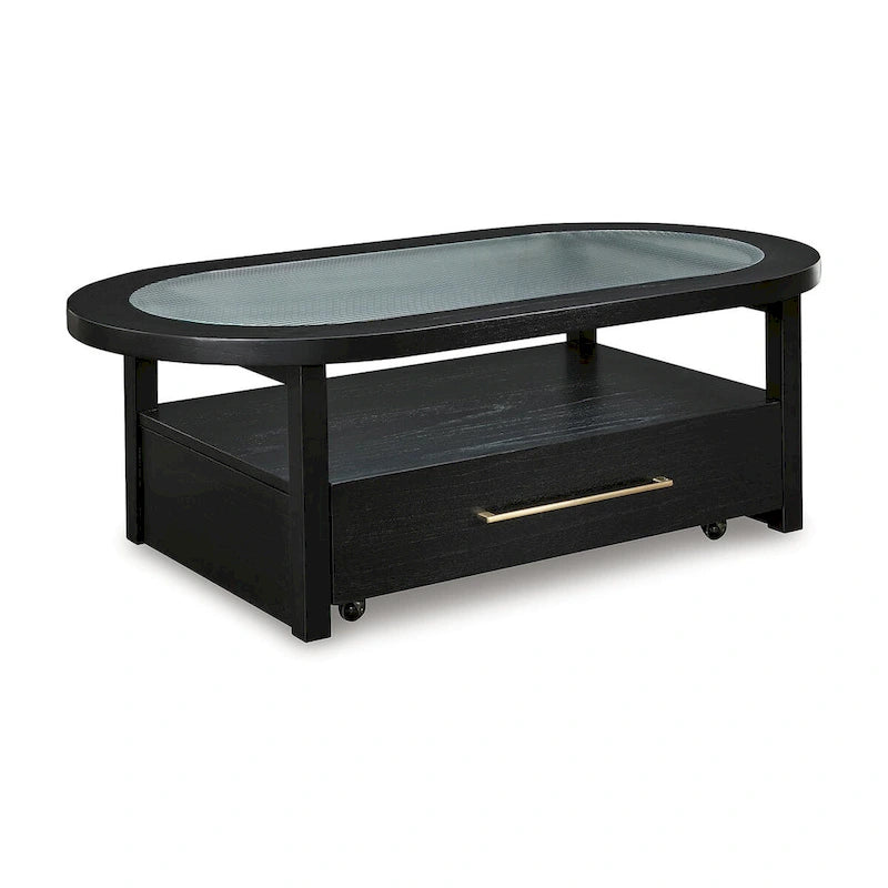 Black/Gray Coffee Table with Fluted Glass Top and Casters - 52W x 28D x 18.25H
