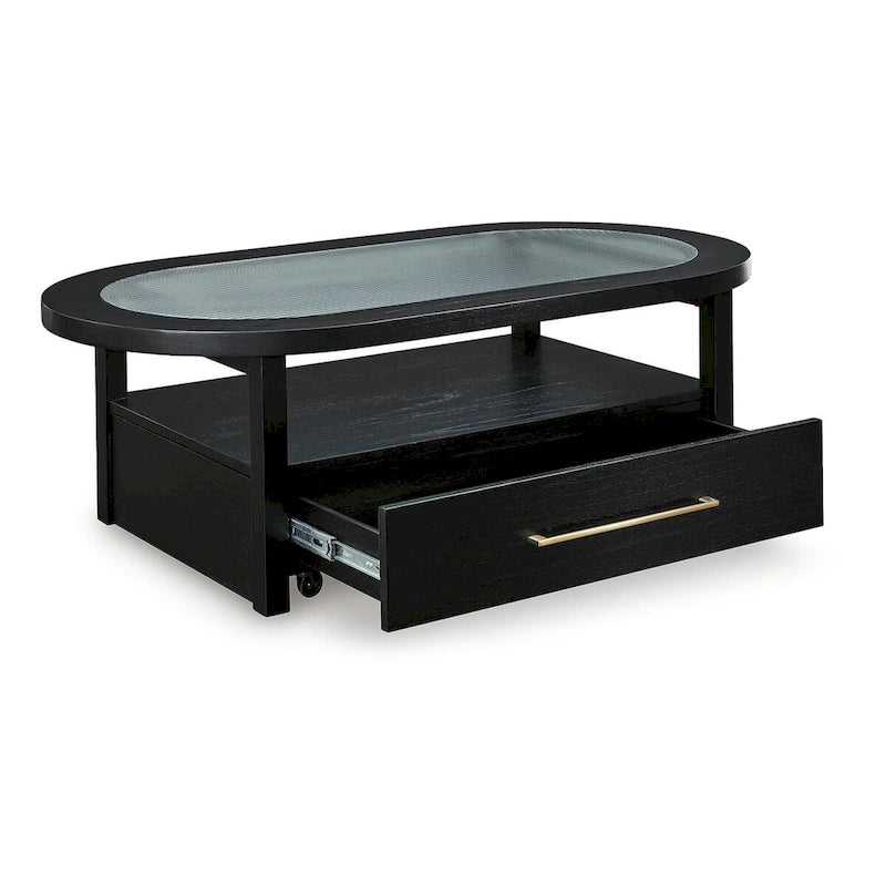 Black/Gray Coffee Table with Fluted Glass Top and Casters - 52W x 28D x 18.25H