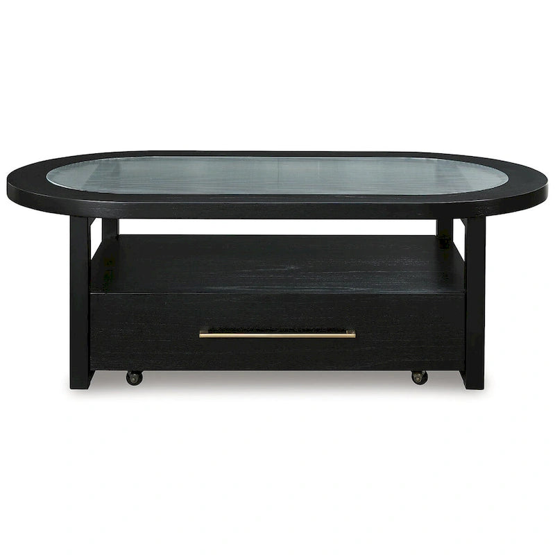 Black/Gray Coffee Table with Fluted Glass Top and Casters - 52W x 28D x 18.25H