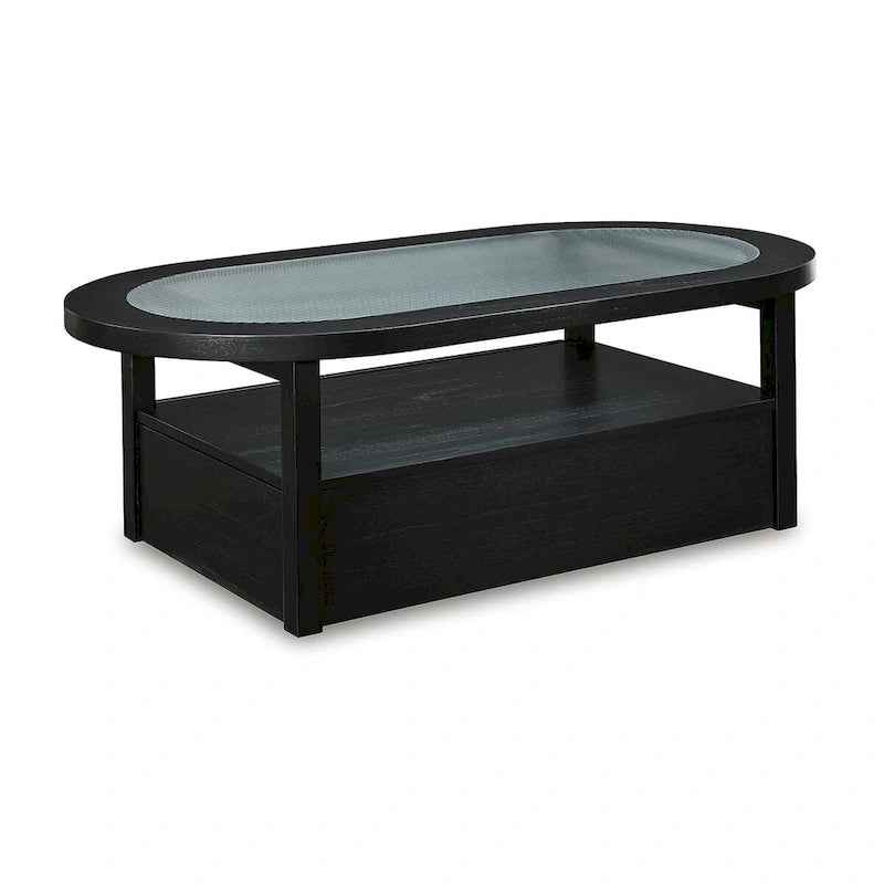 Black/Gray Coffee Table with Fluted Glass Top and Casters - 52W x 28D x 18.25H